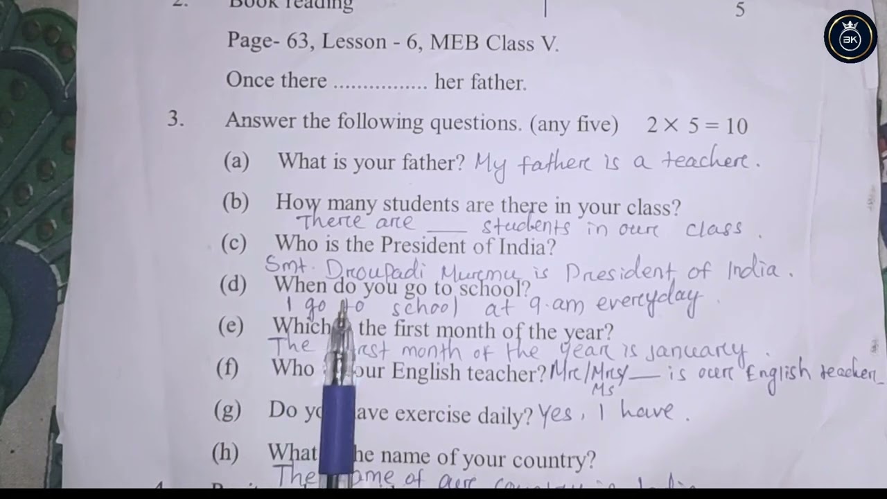 Half yearly examination 2023-24 class 5 English Oral