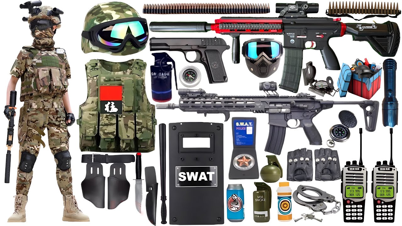 Special police weapon toy set unboxing, Glock pistol, HK416 rifle,SR410 shotgun,bow and arrow,shield