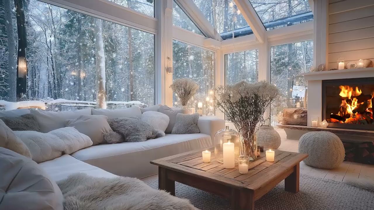 ❄️ Cozy Snowfall Piano Room with Warm Fireplace & Flowers | Peaceful Winter Ambience for Relax