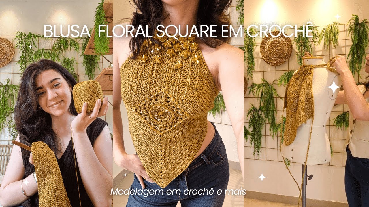 Blusa Dourada Floral de CROCHÊ - Criação da Peça, Receita, Bordados e Mais...