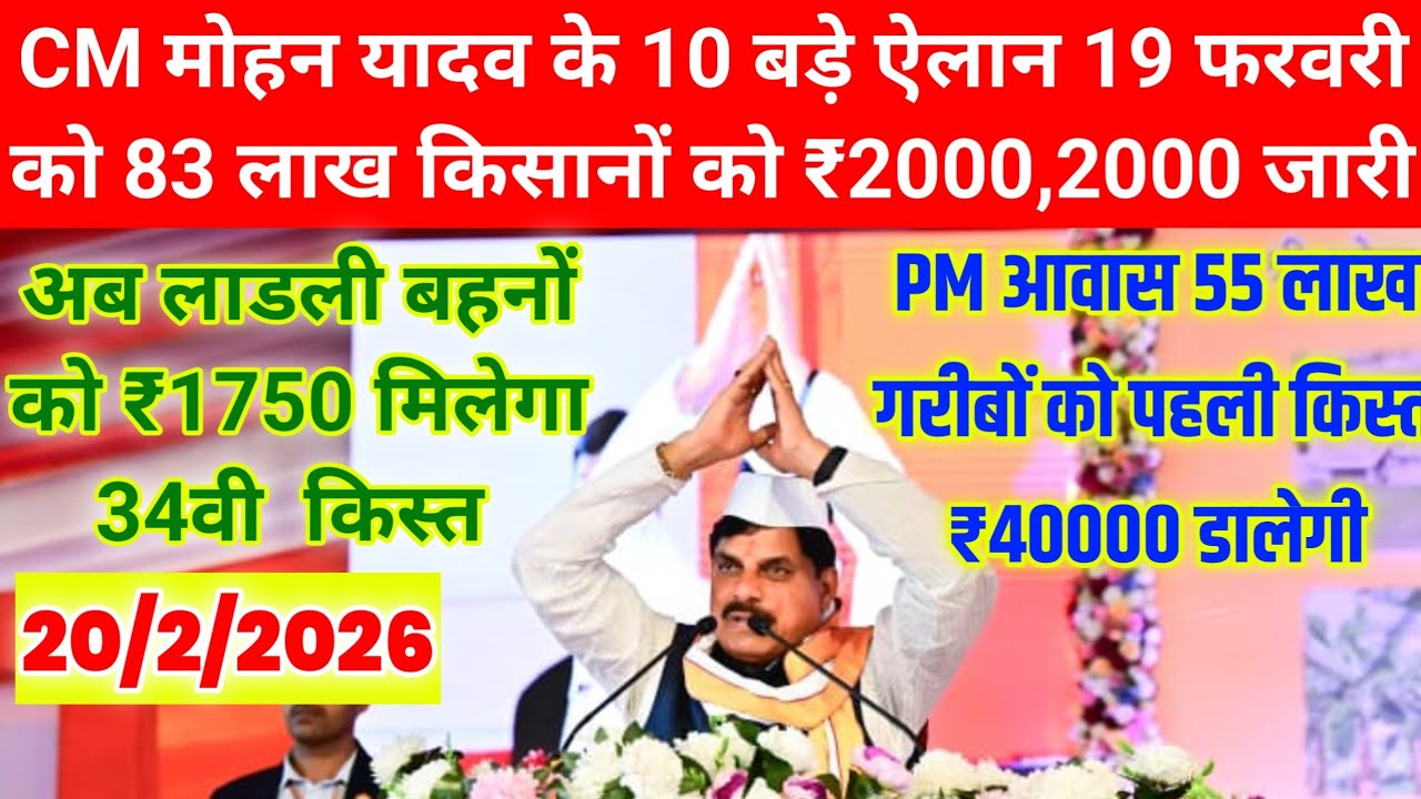 CM मोहन यादव के 10 बड़े ऐलान/19 फरवरी/ 83 लाख किसानो/14वी किस्त/₹2000,2000 जारी/लाडली बहना/
