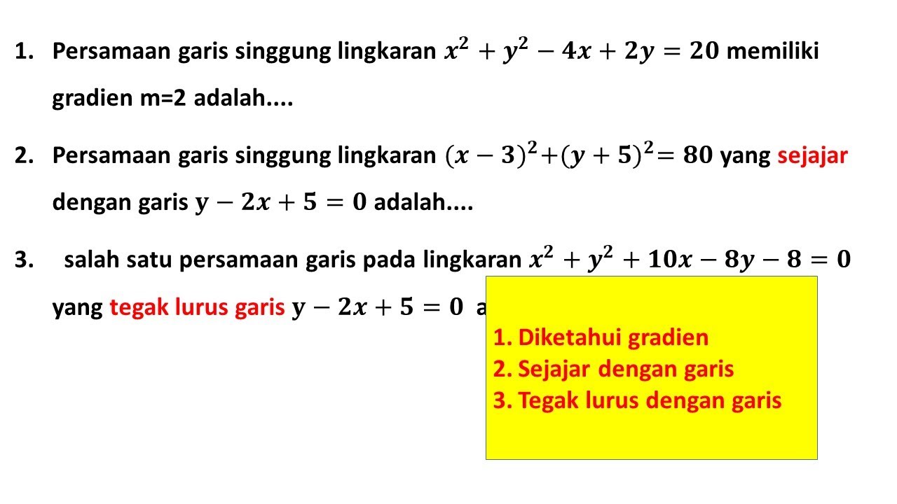 persamaan garis singgung lingkaran diketahui gradien