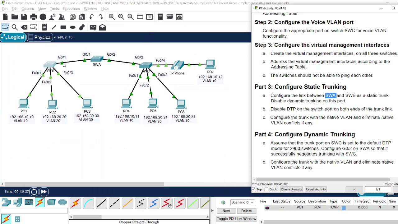 3.6.1 Packet Tracer - Implement VLANs and Trunking