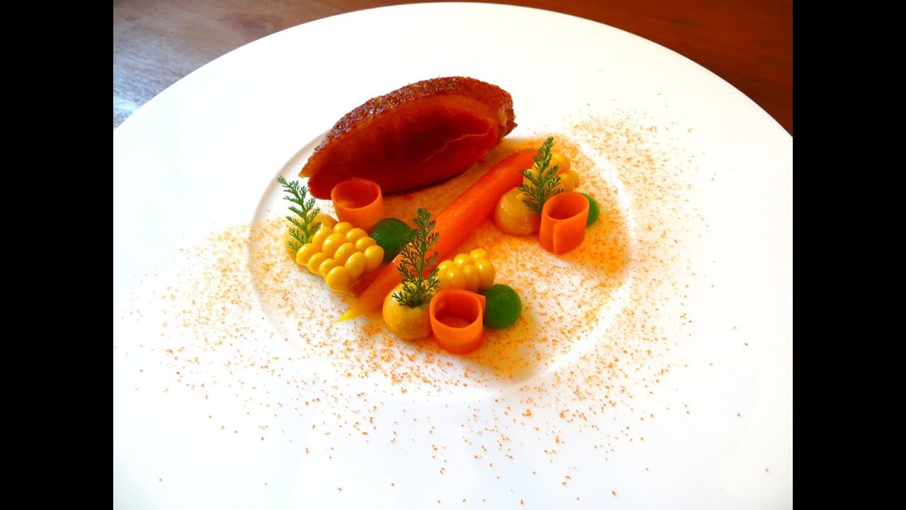 plating techniques/ Anrichtetechniken, gebratene Entenbrust - Mais - Karotte, FoodLivePlating