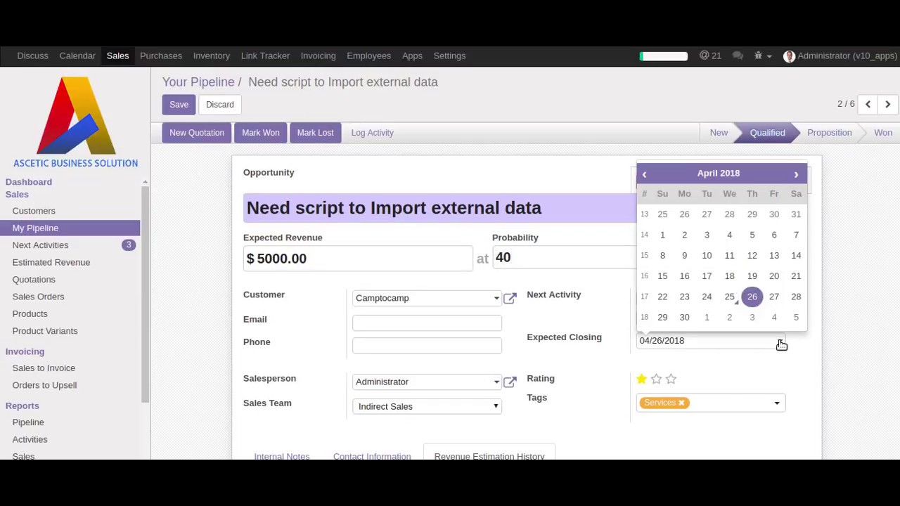 Historization of Estimated Revenue On Opportunity Pipeline Odoo v10