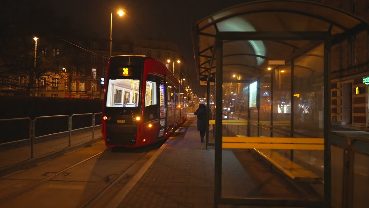 Poland, Katowice, tram 36 night ride from Rynek to Plac Miarki