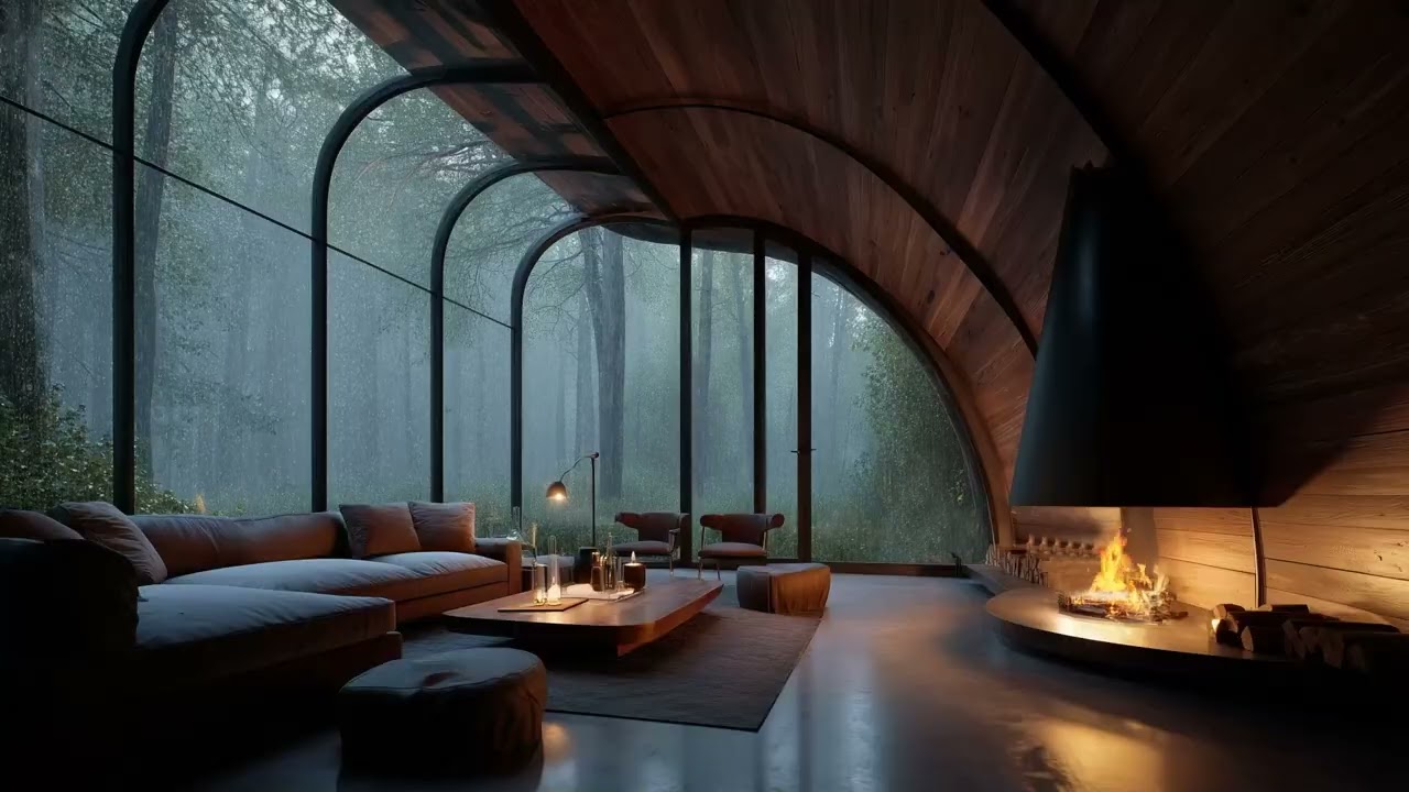 Luxury Modern Cabin Rain & Fireplace Sounds 🌧️🔥 | Cozy Curved Glass Room Ambience for Deep Sleep