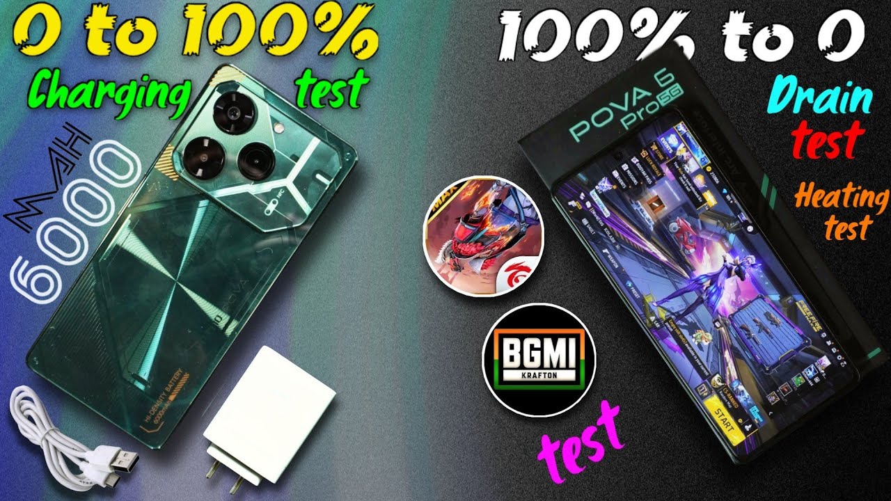 Tecno Pova 6 Pro 100% to 0 Battery🔋drain & charging test || Free Fire & Bgmi test || heating test
