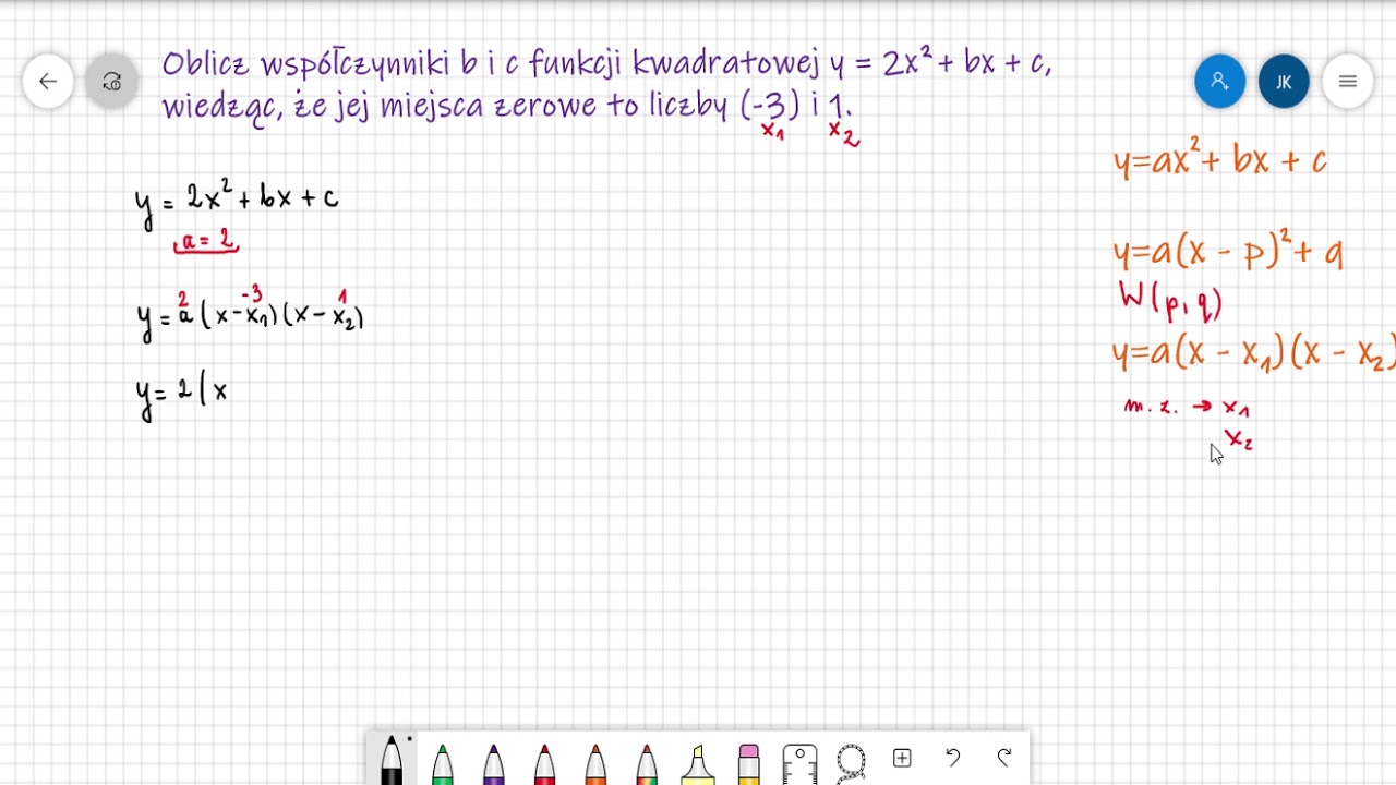 Obliczanie współczynnika b i c trójmianu kwadratowego o podanych pierwiastkach (miejscach zerowych)
