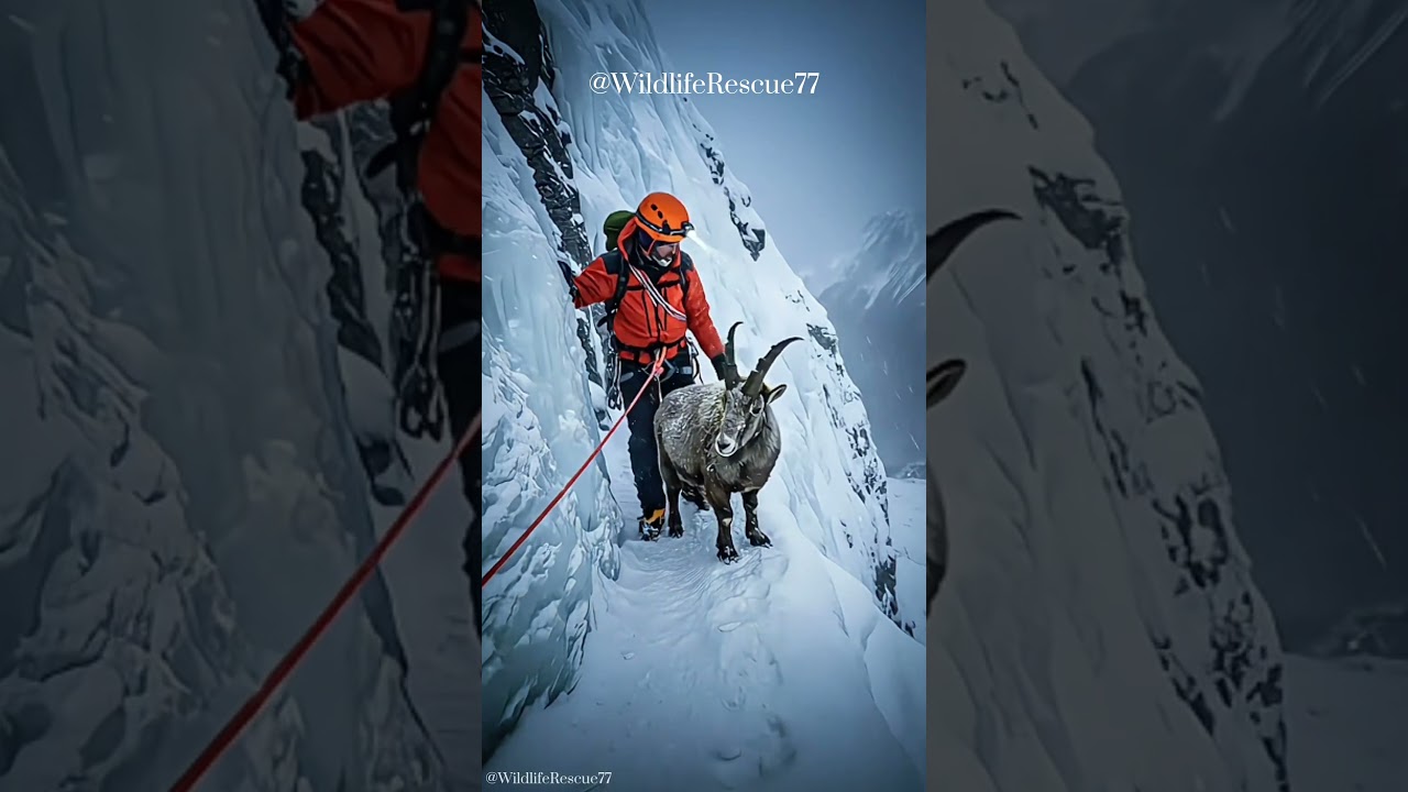 Climber Saves Mountain Goat Stranded on Frozen Cliff Edge #mountainrescue #wildlife