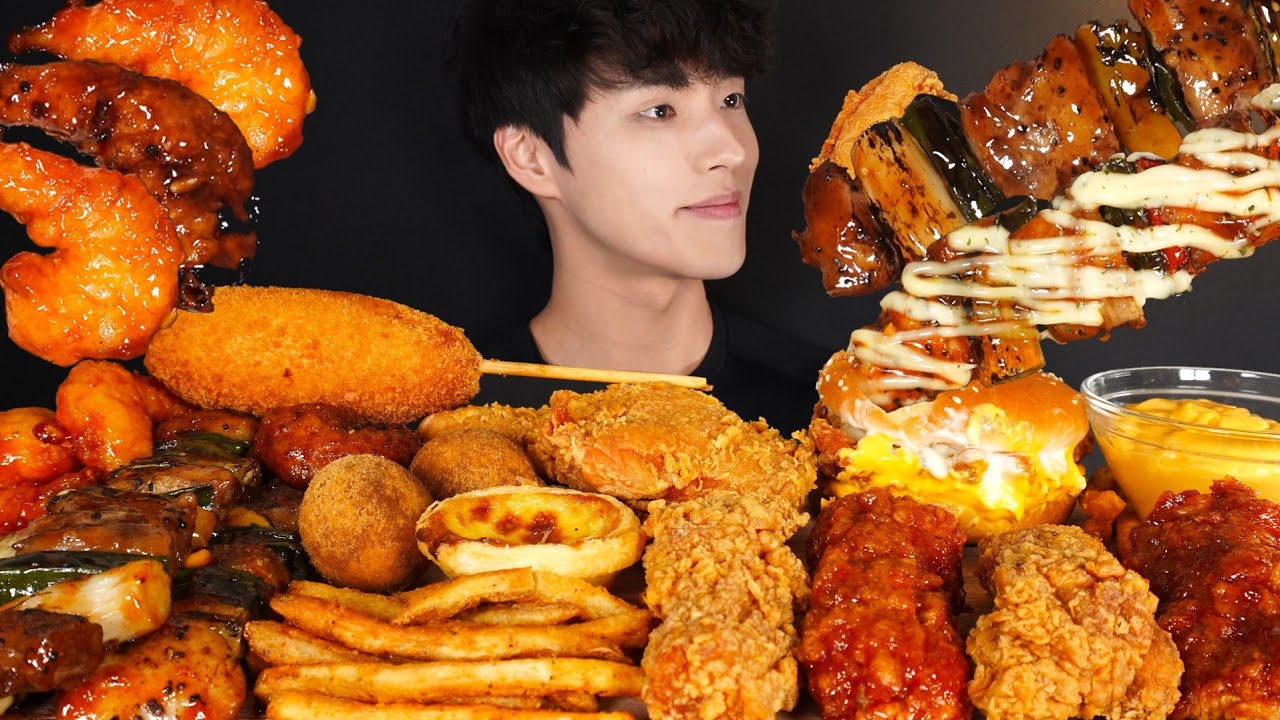 ASMR MUKBANG FRIED CHICKEN & BURGER & FRENCH FRIES & BBQ CHICKEN SKEWERS & FRIED SHRIMPS & FRIES