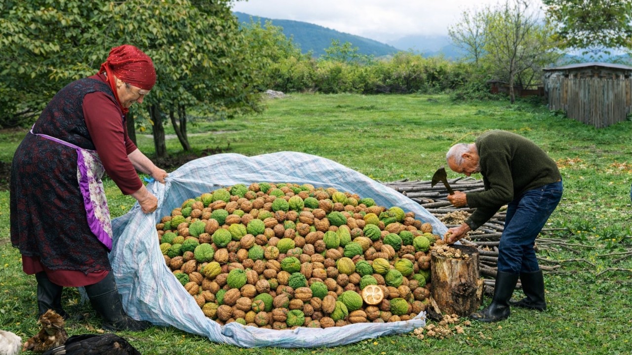 Harvesting Walnuts in Azerbaijan Village Life live | Making Traditional Azerbaijan Walnuts Jam