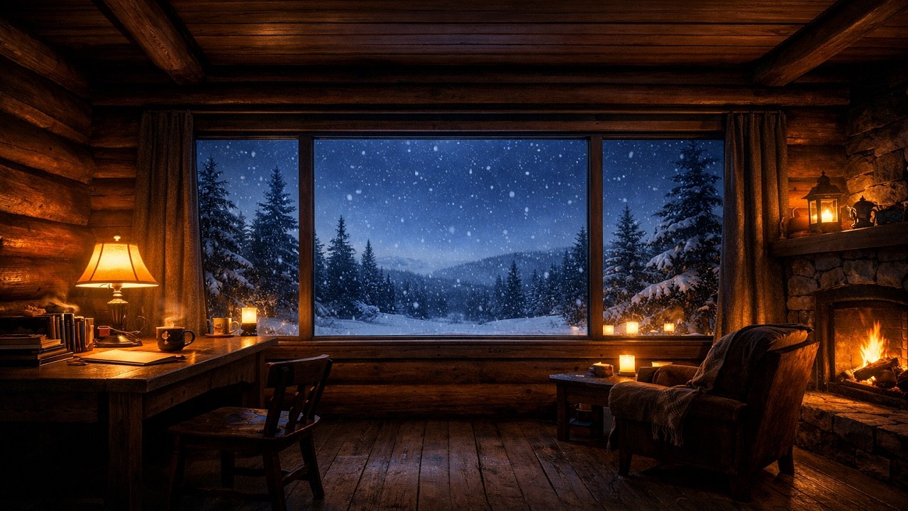 late winter cabin — quiet night, steady beats lofi
