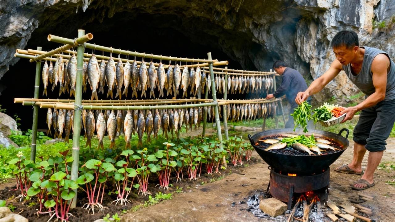 洞天炊烟！炭炙溪鱼香漫溢，野菜添鲜正当时 Caveside Grill! Stream Fish Sizzles over Charcoal, Wild Greens at Their Peak