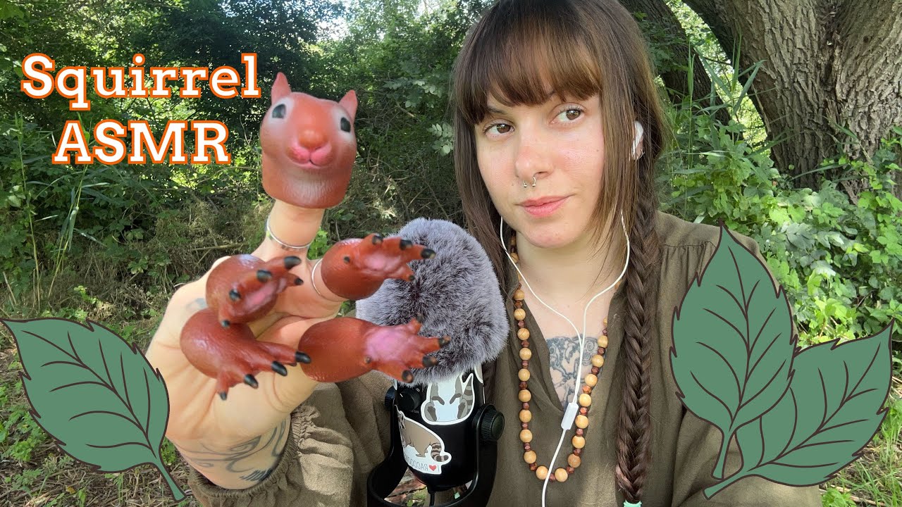 ASMR Whispered rambling, mic scratching, tapping with a squirrel toy in the forest 🌳🐿️