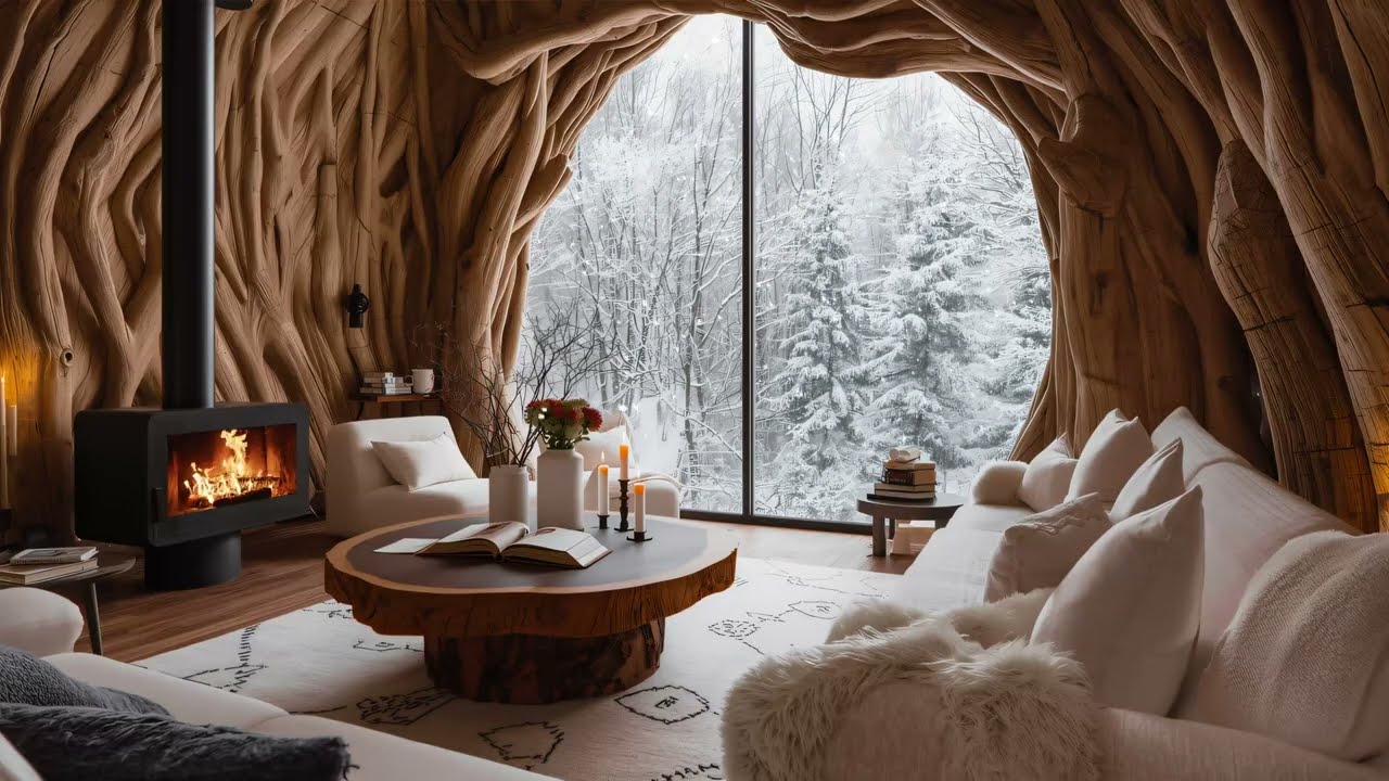 Warm Fireplace & Snowfall Ambience 🔥❄ Gentle Winter Piano with Crackling Fireplace & Snow Outside