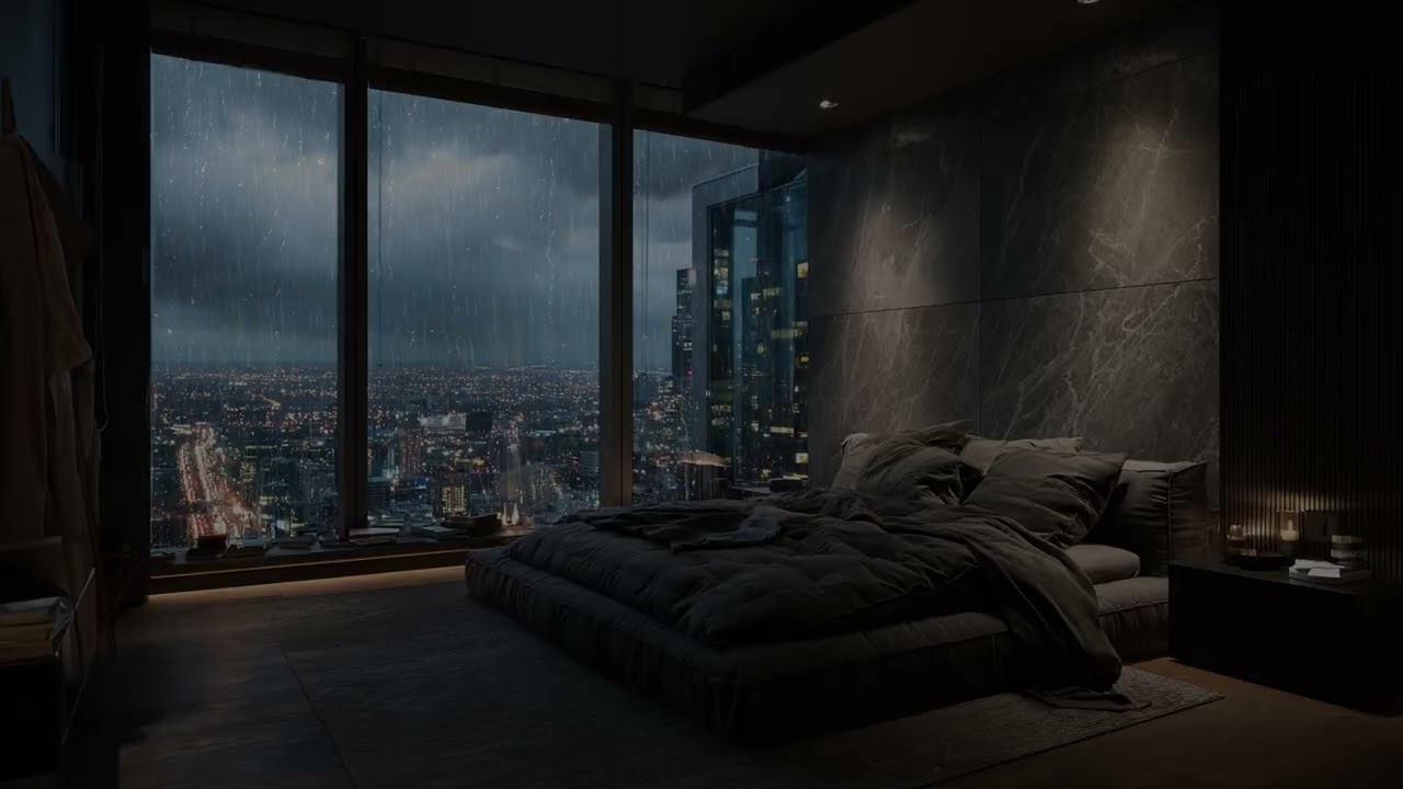 Soft rain on glass 🌙 as the city glows beneath a warm bed high above the streets.