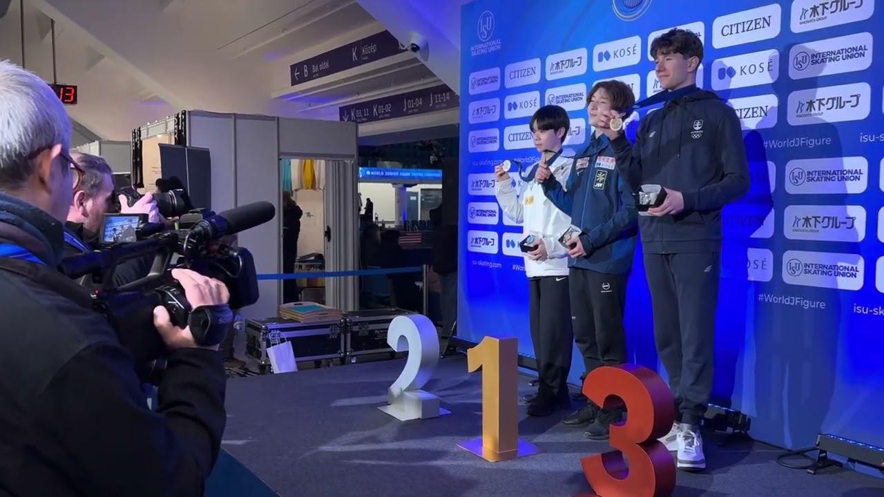 2025 Junior Worlds men free program small medal ceremony: Rio Nakata, Minkyu Seo, Adam Hagara