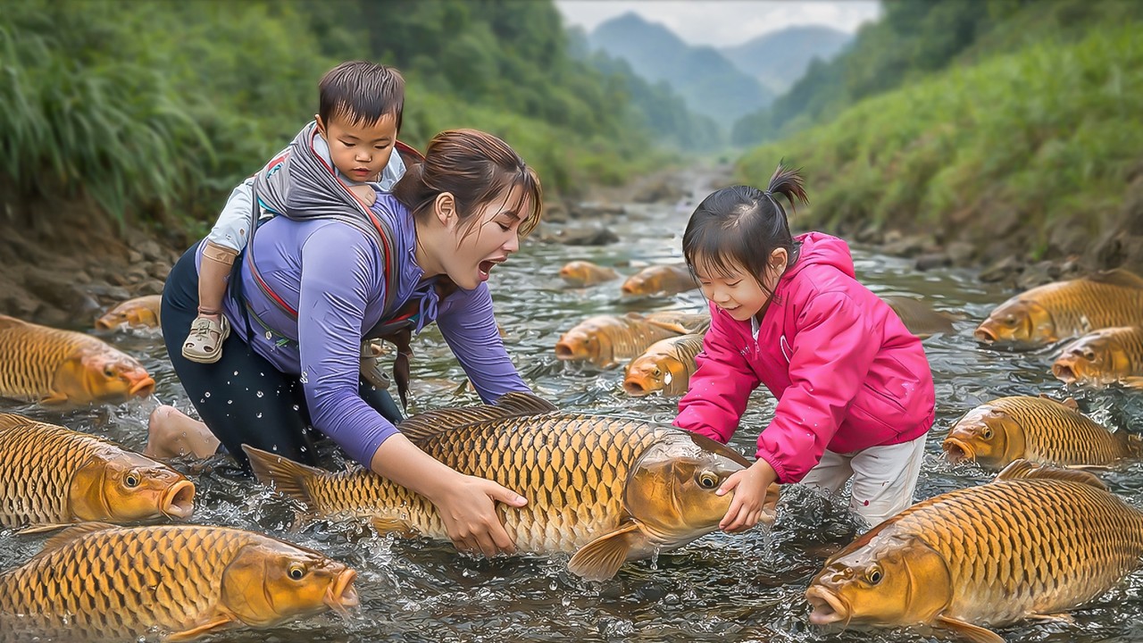 Full Day Chasing and Catching Giant Stream Fish | Duong Family Full Capacity Fishing | Village Life