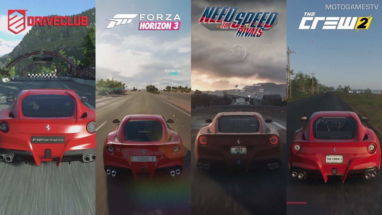 DriveClub vs Forza Horizon 3 vs NFS Rivals vs The Crew 2 - Ferrari F12berlinetta Sound Comparison