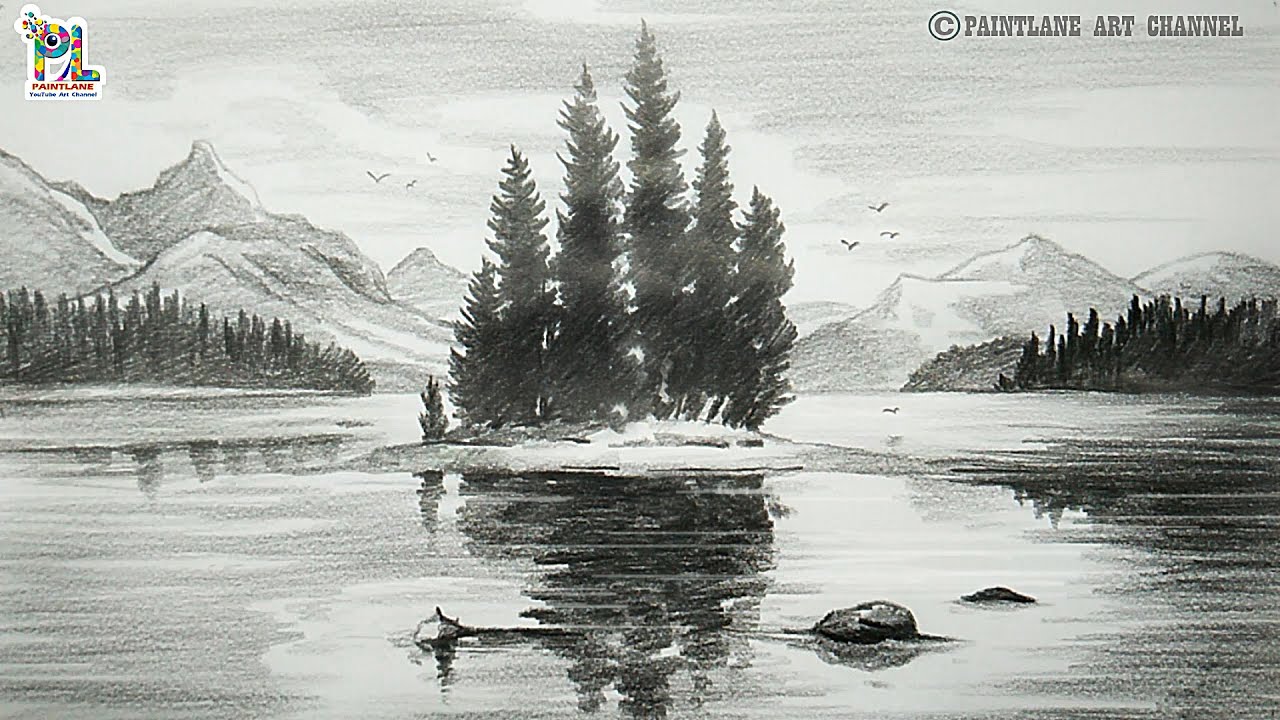 Pencil art Trees on the lake and mountains || Pencil sketch and shading