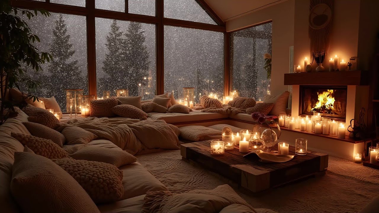 Soft Jazz in a Snowy Cabin Ambience ⛄ Fireplace Sounds for Sleep & Calm Focus