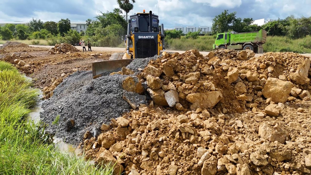Incredible!! Skillful Land Filling Process Using Dozer SHANTUI Pushing Stone & Soil with Dump Trucks