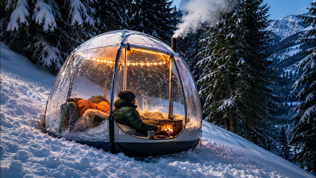 Transparent Hot Tent Camping in Deep Snow   Solo Bushcraft