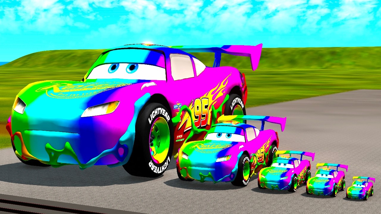 Big & Small Rainbow McQueen Cars vs Giant Train | BeamNG.drive