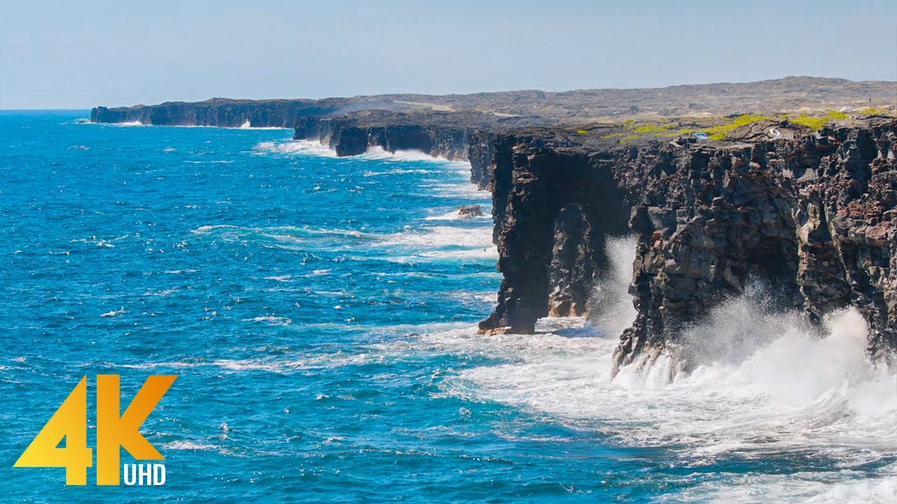 Holei Sea Arch, Volcanoes National Park, Hawaii - 4K Relaxation Video with Ocean Waves Sounds