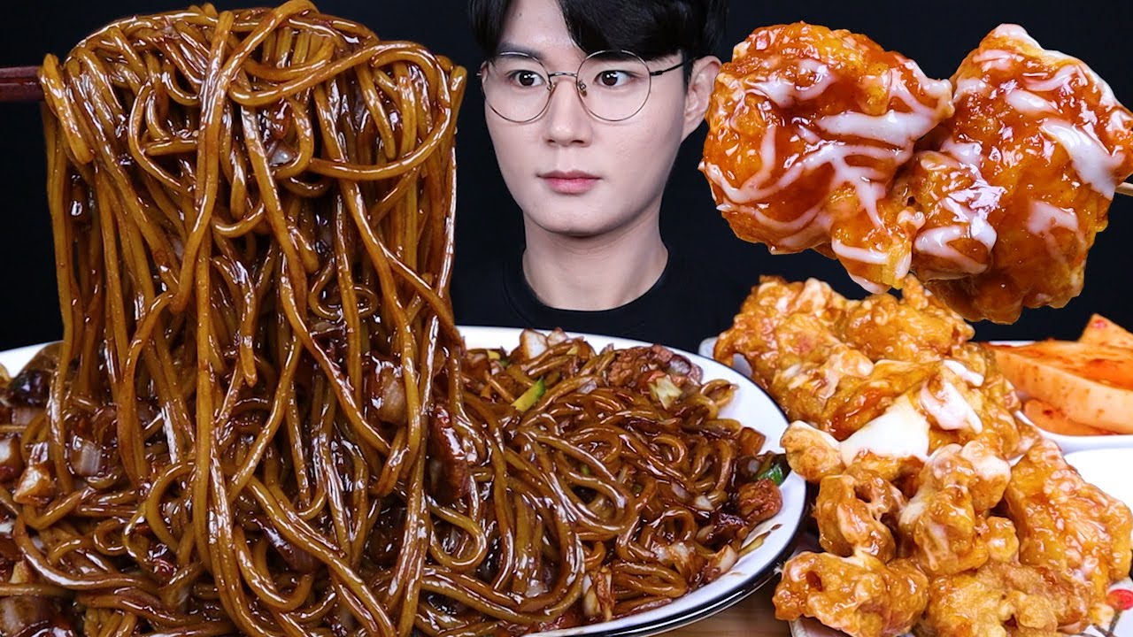 간짜장 슈프림양념치킨 짜장면 치킨 먹방ASMR MUKBANG  BLACK BEAN NOODLES & FRIED CHICKEN 甘いチキン ジャージャー麺 eating sounds