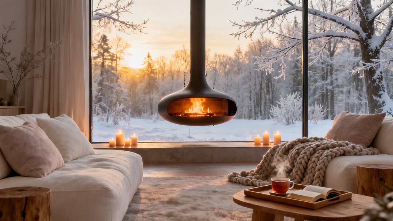 Snowy On Window & Fireplace Crackles in Cozy Living Room Ambience ❄️Gentle Piano for Calm and Relax