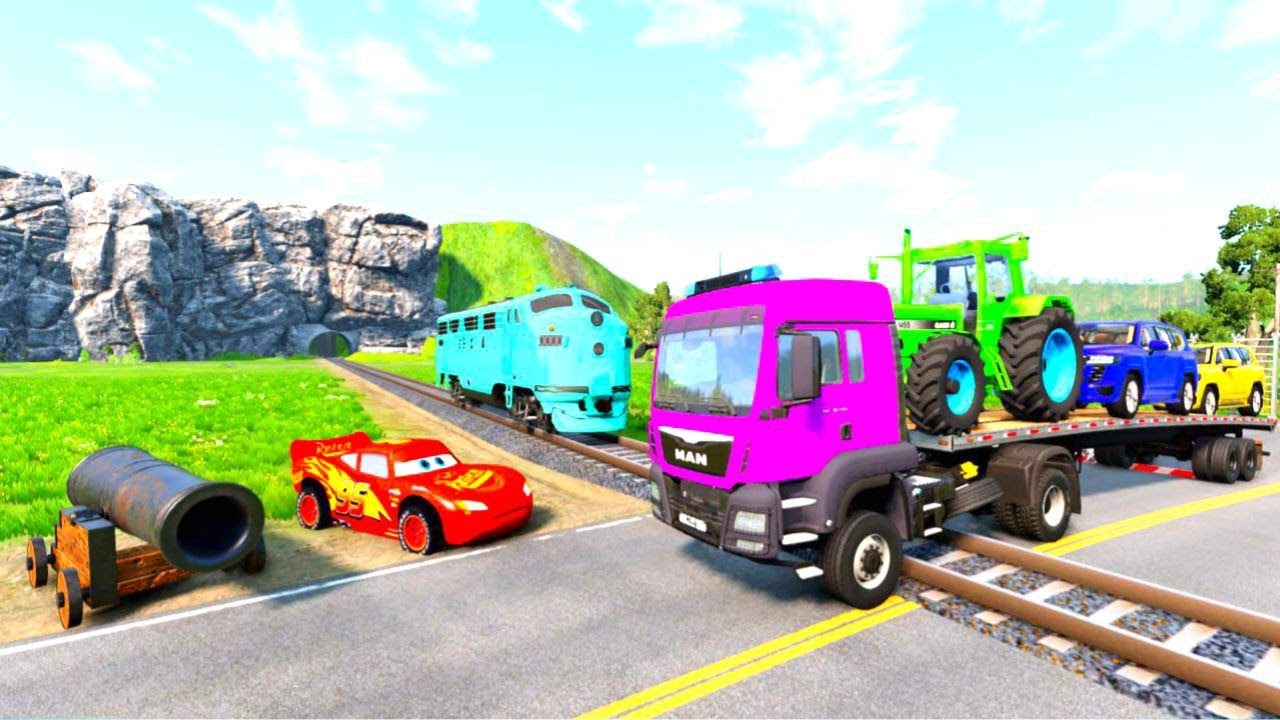 TRANSPORTING PIXAR CARS & FRUITS WITH COLORED & JOHN DEERE vs CLAAS vs TRACTORS - BeamNG.drive