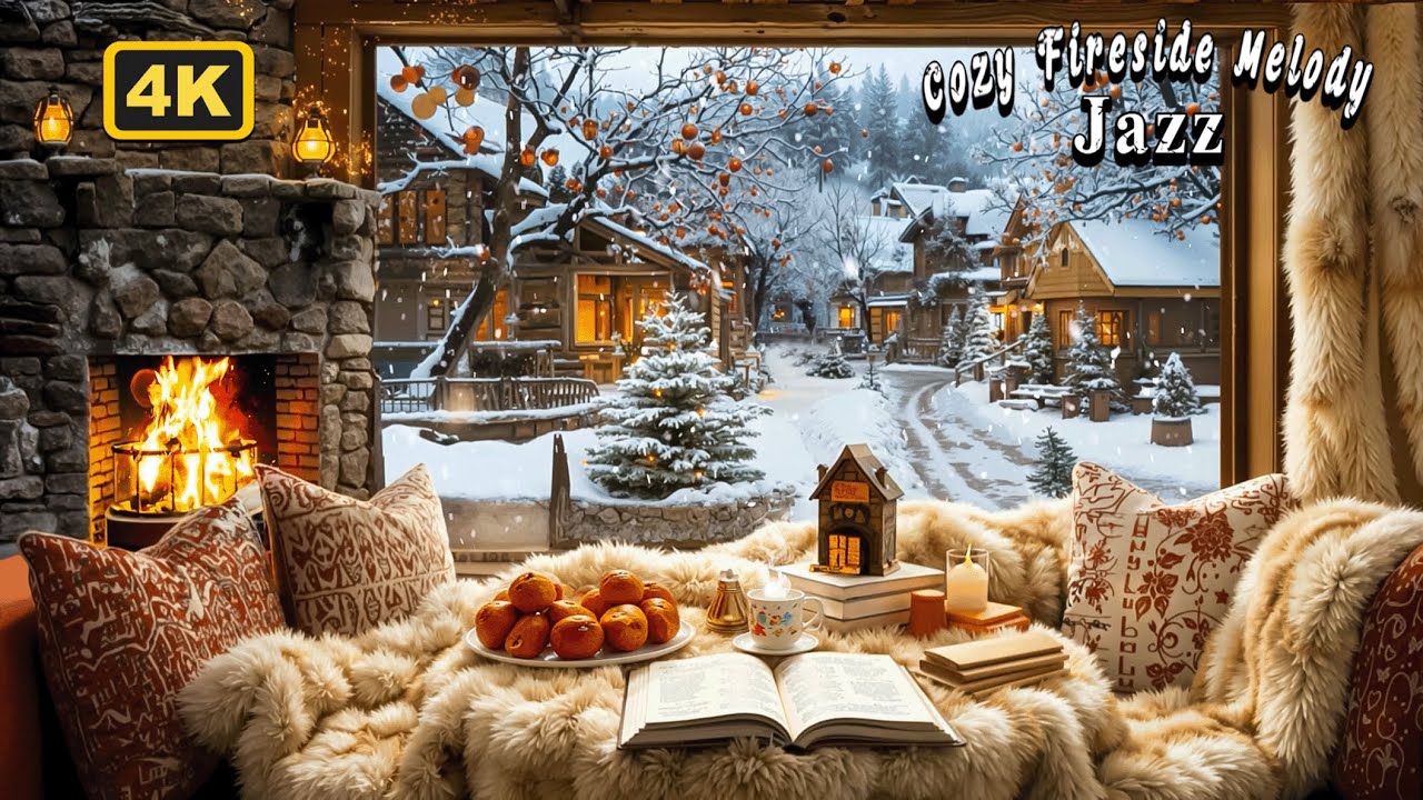 Melodious jazz piano music ❄️ snowy winter, fireplace and a cup of coffee in a cozy log cabin 🔥