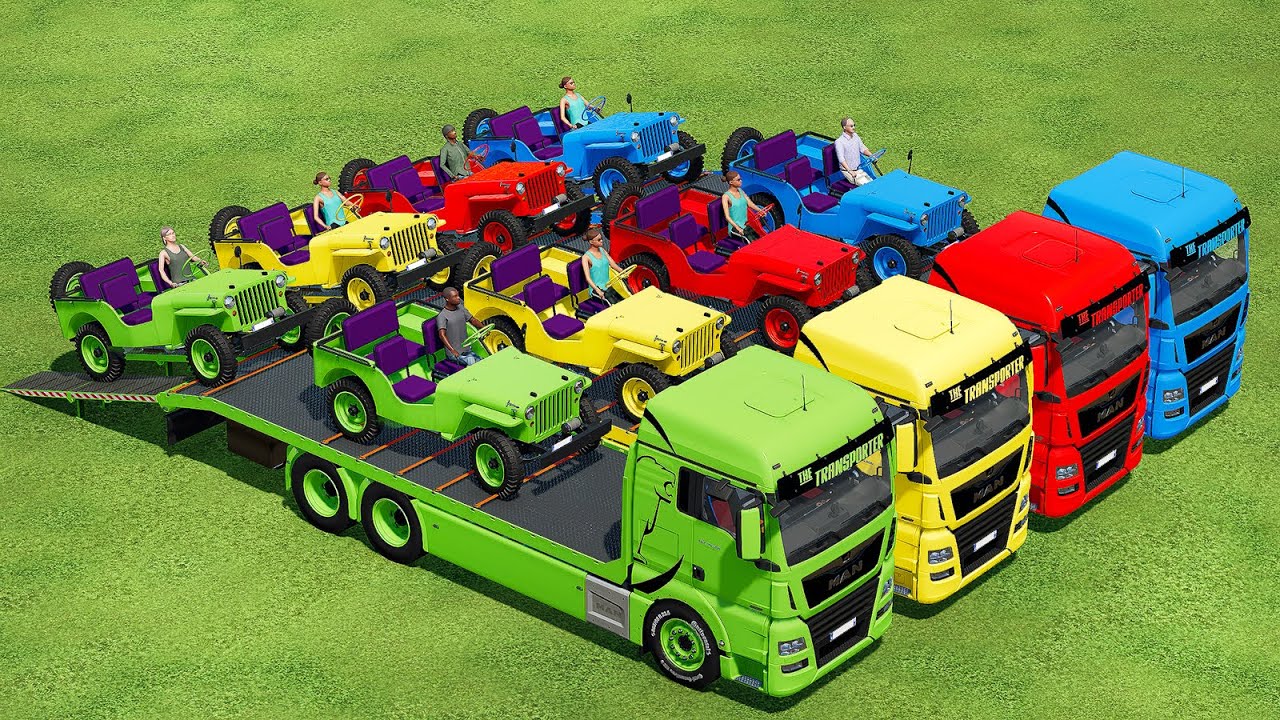 TRANSPORTING COLORED 4x4 JEEP CARS WITH COLORED MAN TRUCKS - Farming Simulator 22