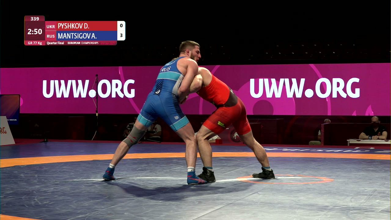 1/4 GR - 77 kg: D. PYSHKOV (UKR) v. A. MANTSIGOV (RUS)