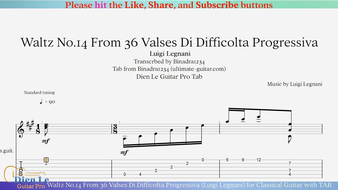 Waltz No.14 From 36 Valses Di Difficolta Progressiva (Luigi Legnani) for Classical Guitar with TAB