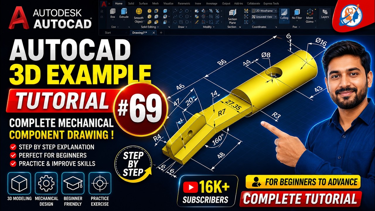 AutoCAD 3D Practice Exercise 69 | Mechanical Exercise 69 | Autocad 3D Example Tutorial 69 | #khalid