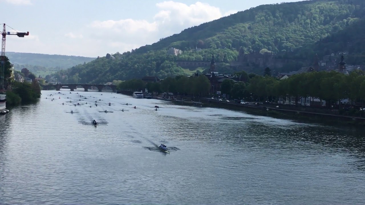 Germany - Big group of Canoes cruising in the Neckar river, Heidelberg
