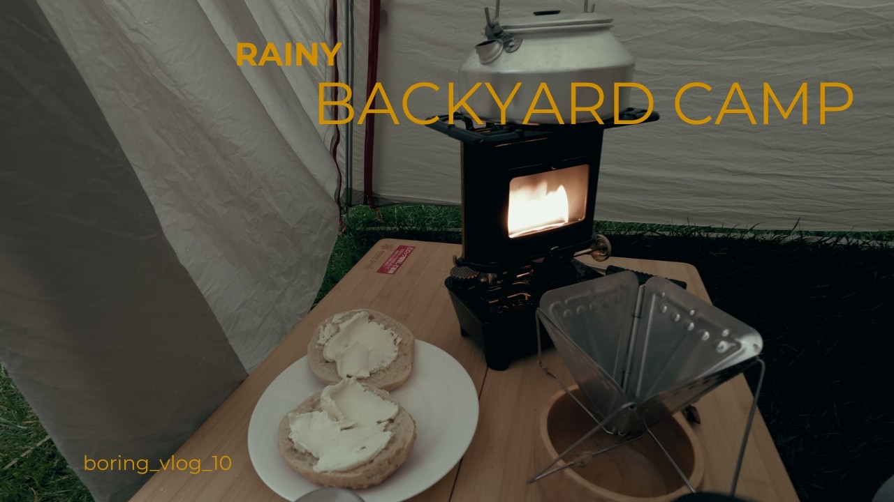Coffee and ramen in a rainy backyard 'camp.'