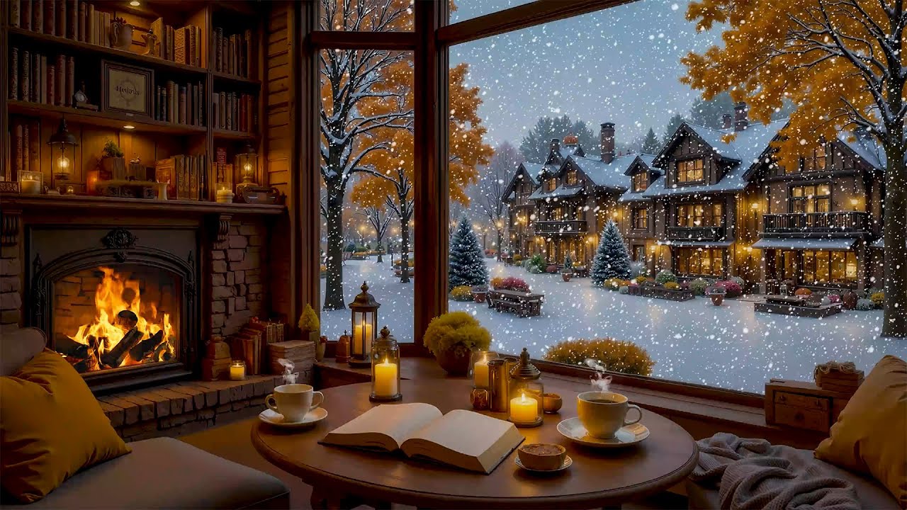 Нежная снежная зимняя ночь 4K ❄️ Теплые звуки джаза и камина для расслабления и хорошего настроения