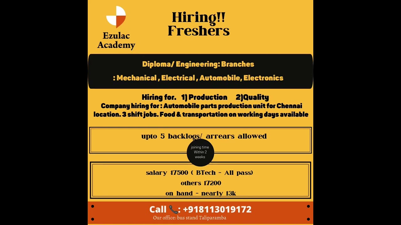 Jobs for Electrical Mechanical Electronics Automobile Engineers or Diploma call 📞 +918113019172