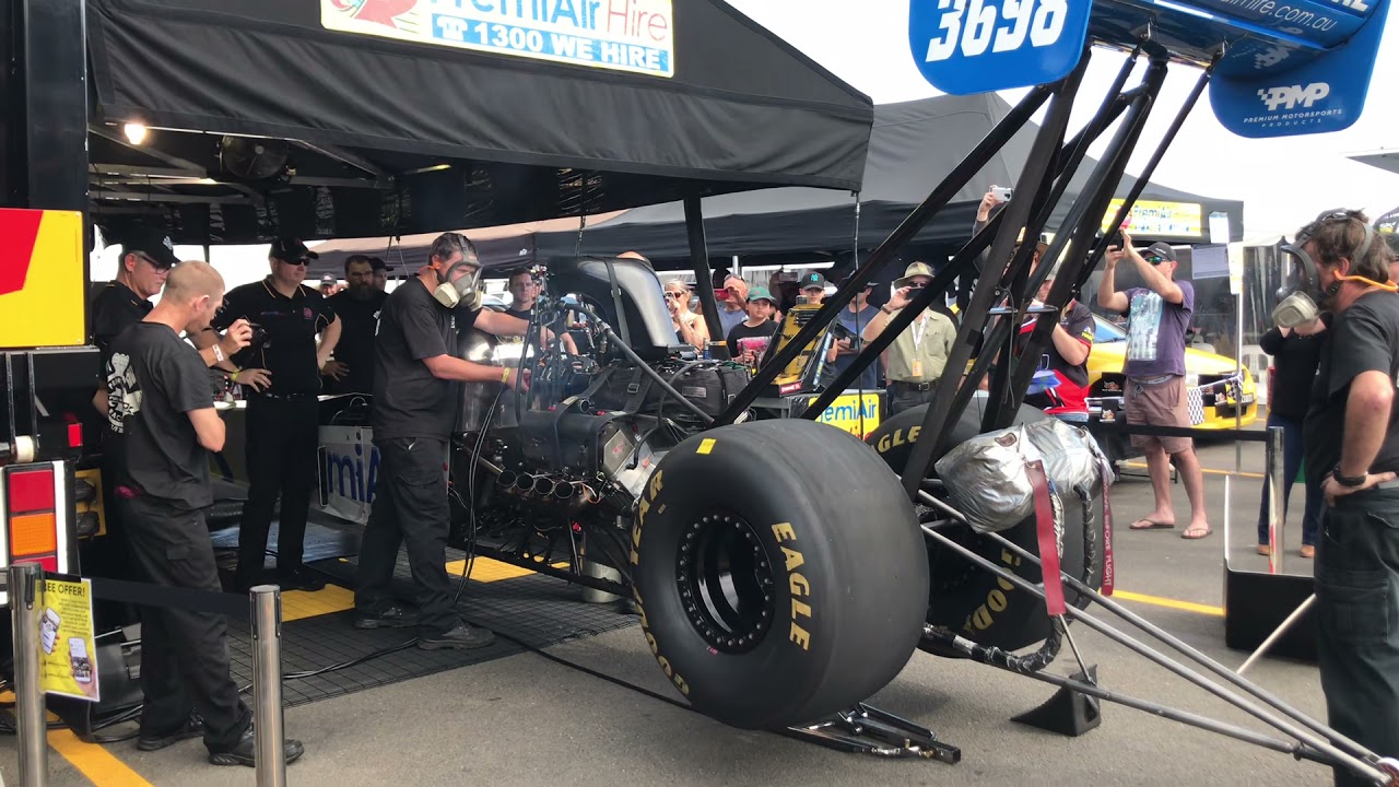 Top Fuel nitro dragster fire up and idle at Sydney Dragway 2021