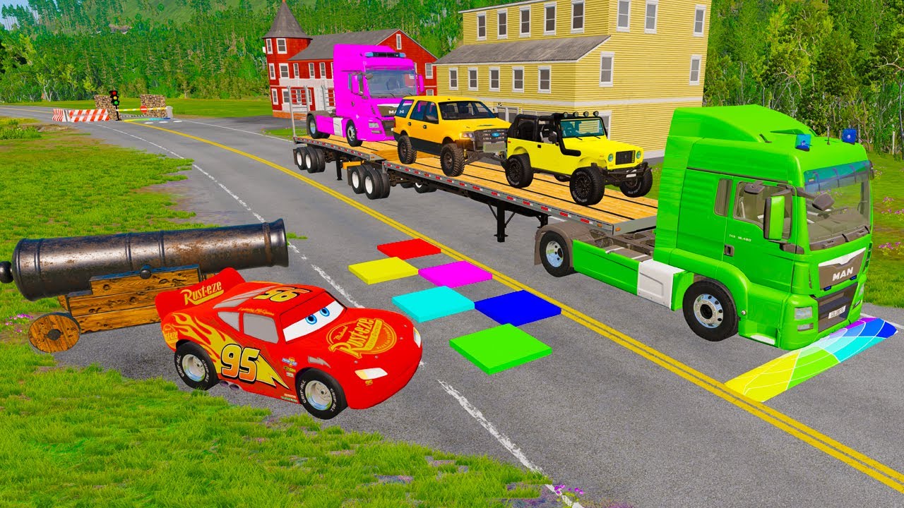 Flatbed Truck McQueen | Transportation with Truck Pothole vs car| BeamNG.Drive Gameplay |#beamnglive