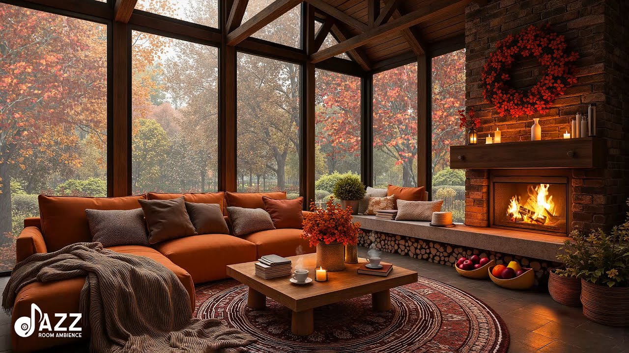 Cozy Autumn Fireplace Jazz Ambience 🍂🔥 Relaxing Fall Vibes with Warm Lights & Seasonal Comfort
