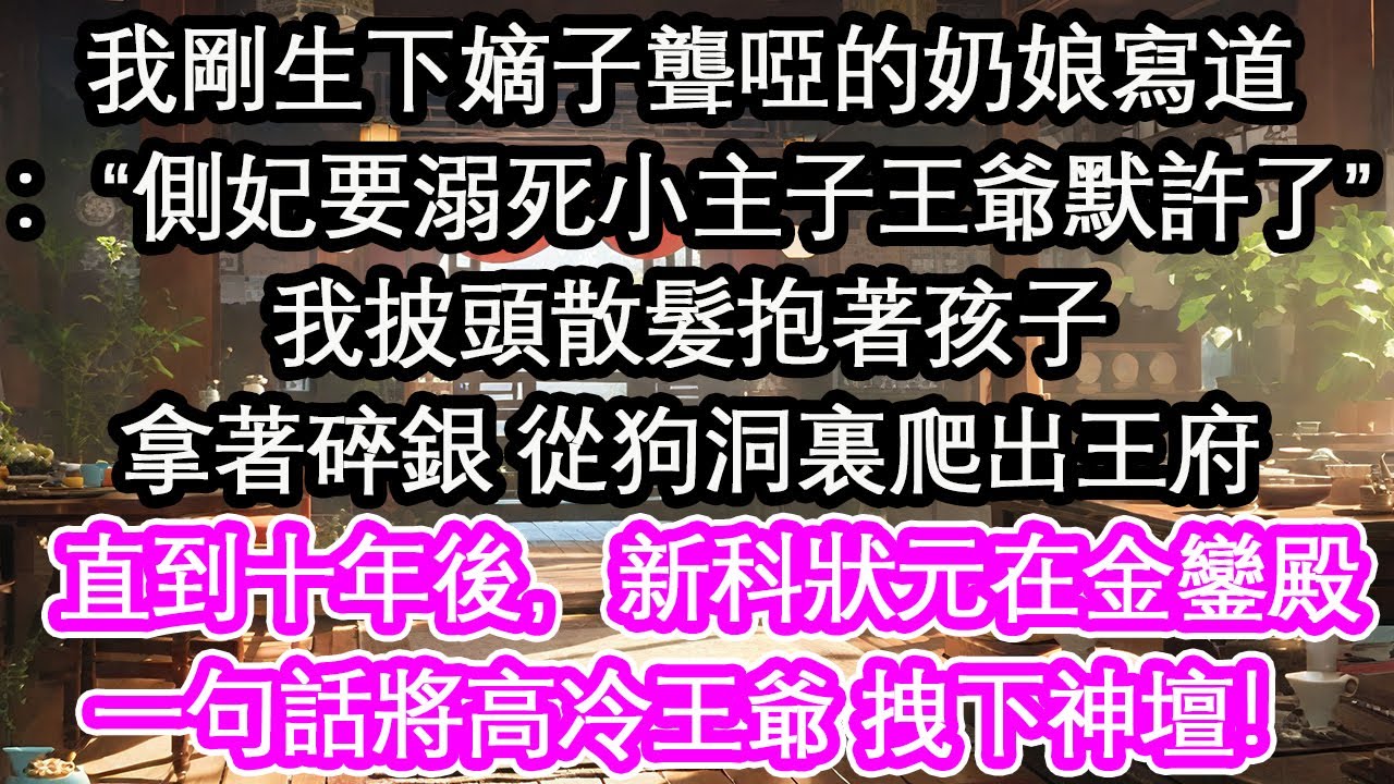 我剛生下嫡子聾啞的奶娘寫道：“側妃要溺死小主子王爺默許了”我披頭散髮抱著孩子拿著碎銀 從狗洞裏爬出王府直到十年後，新科狀元在金鑾殿一句話將高冷王爺 拽下神壇！【花開】【愛情】【生活】