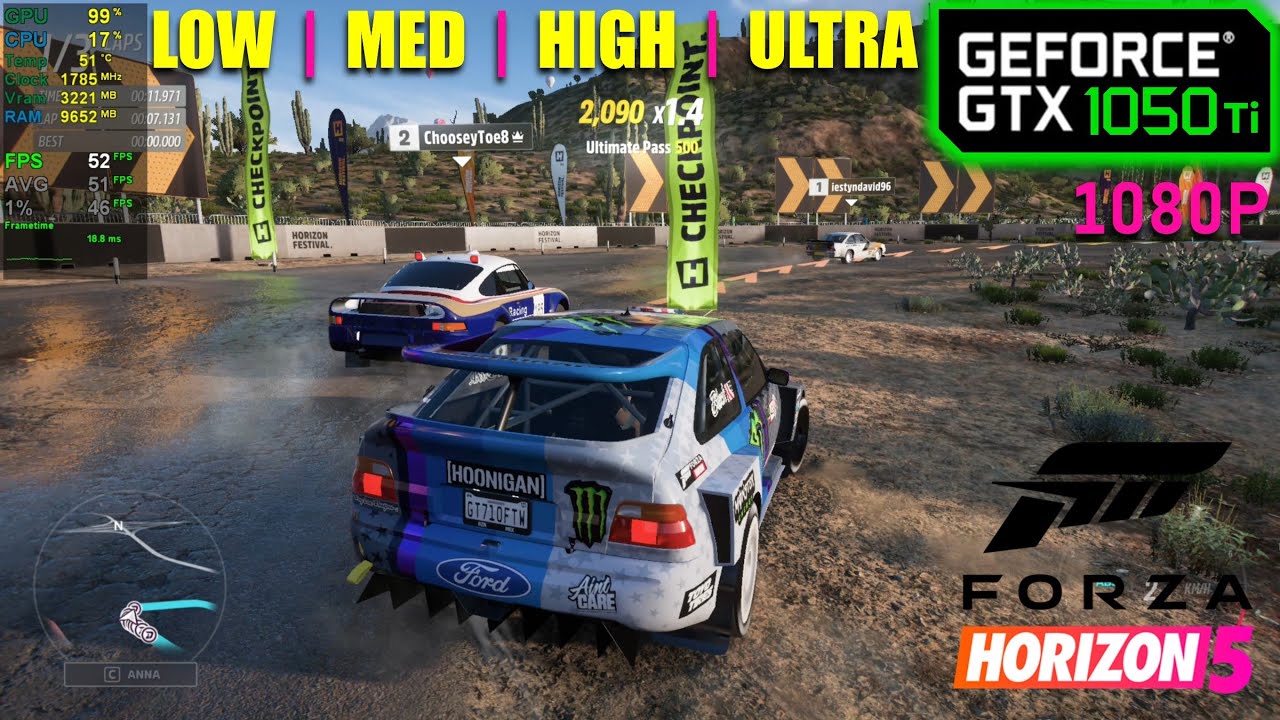 GTX 1050 Ti | Forza Horizon 5 — 1080p — Низкое, Среднее, Высокое, Ультра
