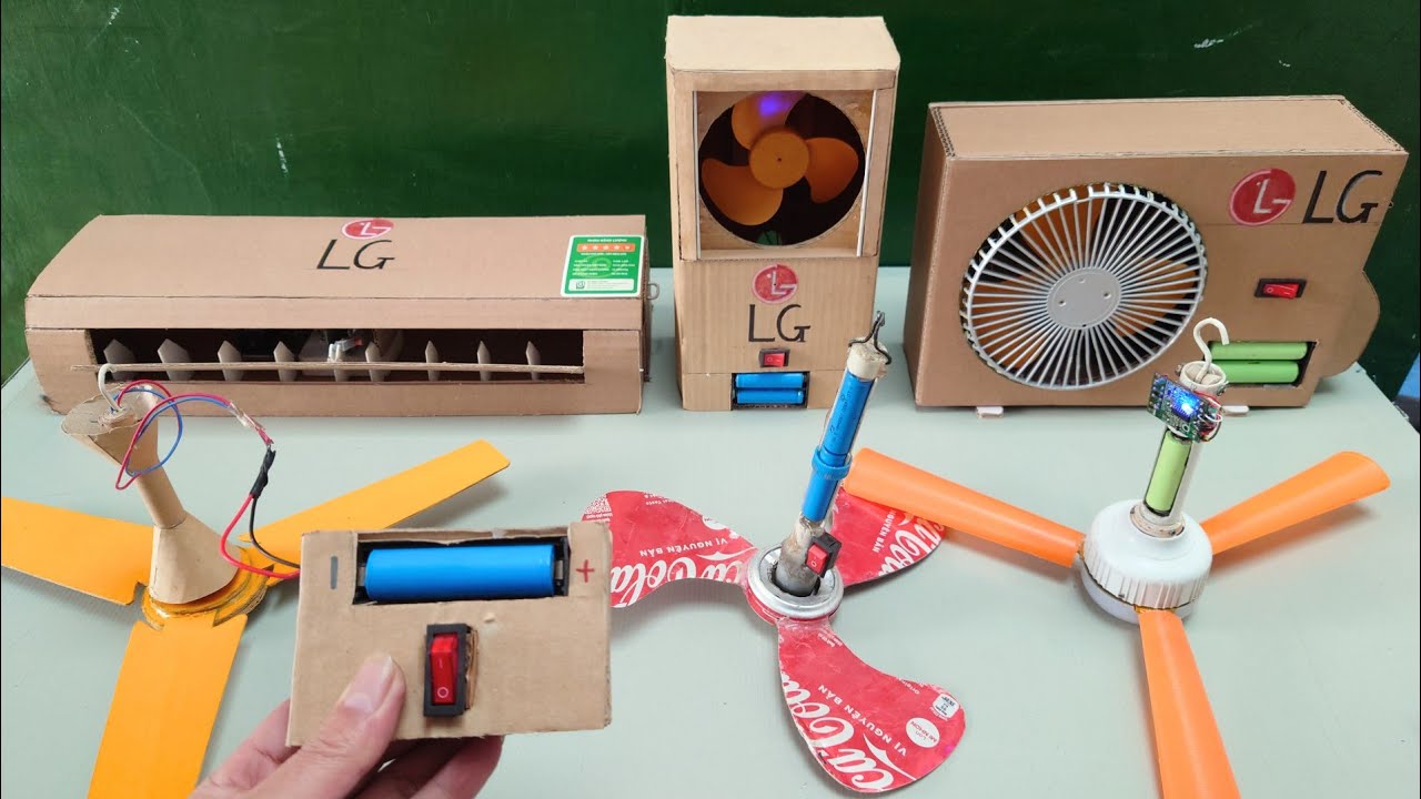 Mini ceiling fan with a light, cardboard air conditioner.