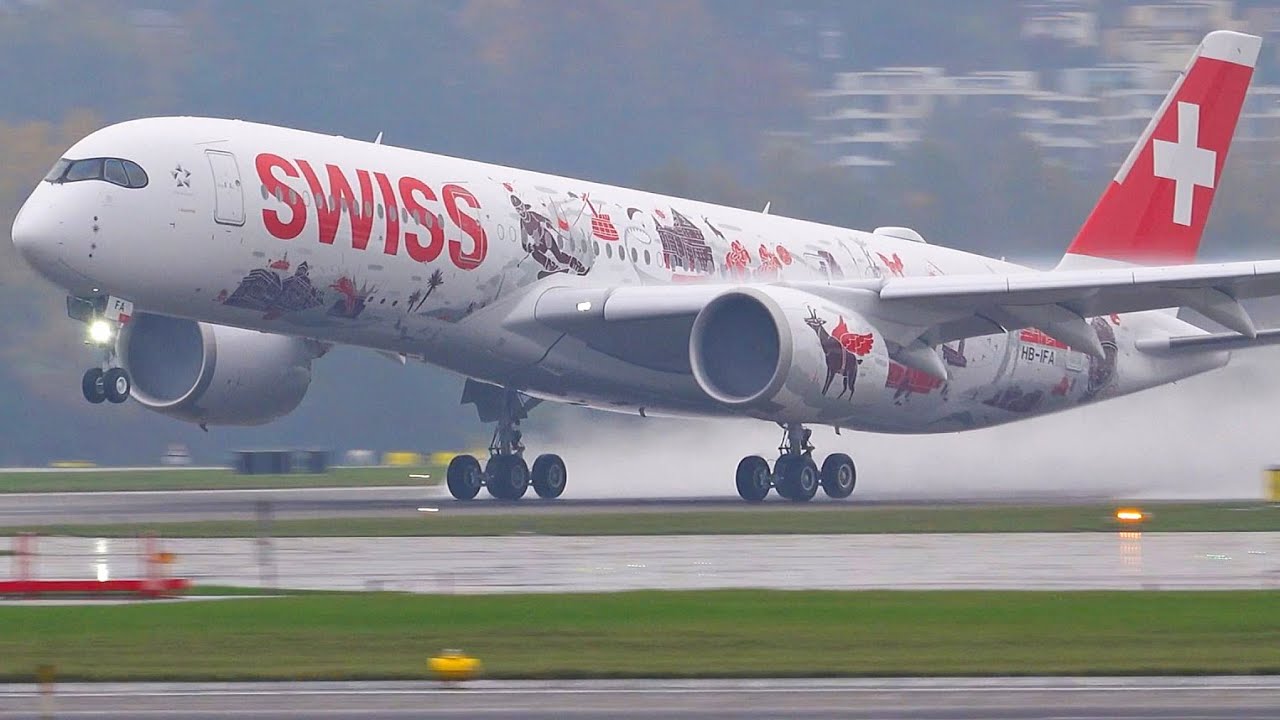 FIRST Swiss A350 (Wanderlust Livery) Waterspray Take-Off at Zurich Airport