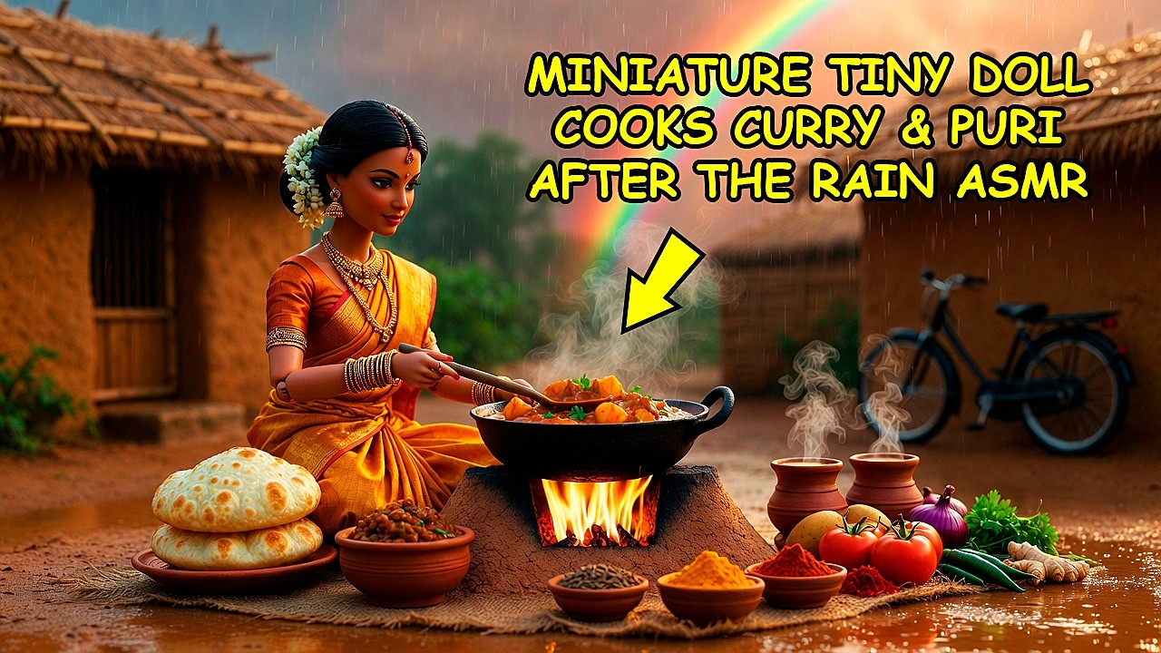 Miniature Tiny Doll Cooks Curry & Puri After The Rain ASMR 🌧️🍛 | Indian Village Tiny Kitchen Story